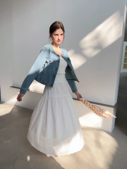 Denim short jacket with button front and chest pockets