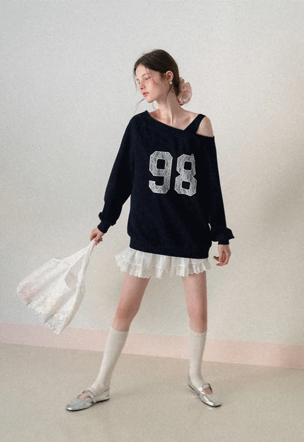 Off Shoulder Sweatshirt with Lace Number Print