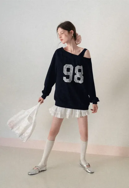 Off Shoulder Sweatshirt with Lace Number Print