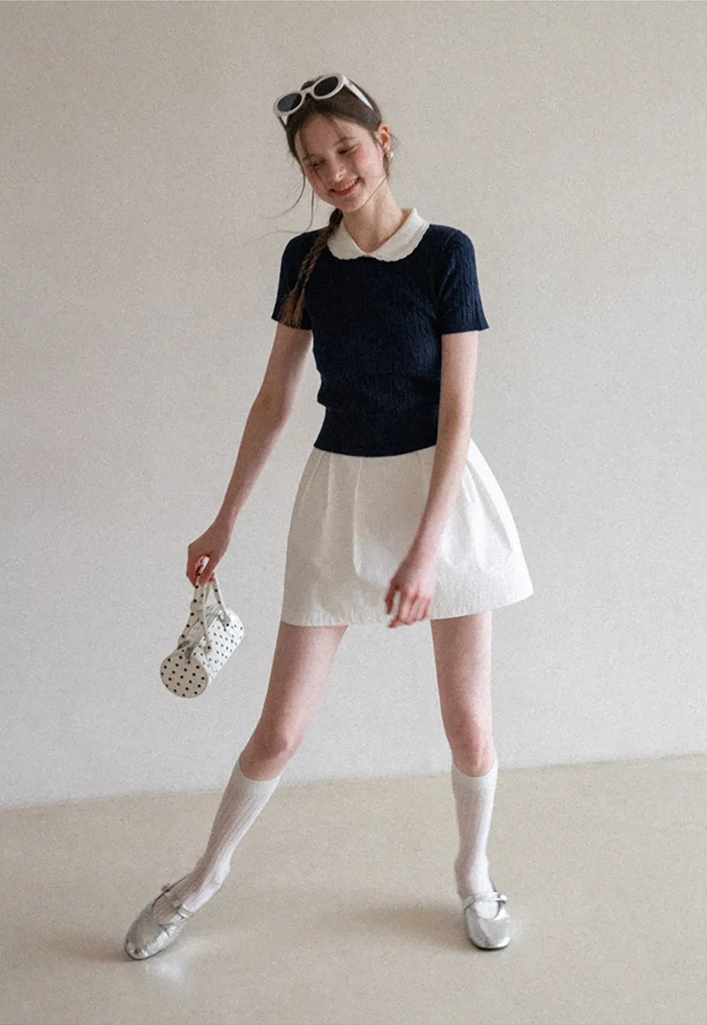 Cable Knit Short Sleeve Sweater with Collar