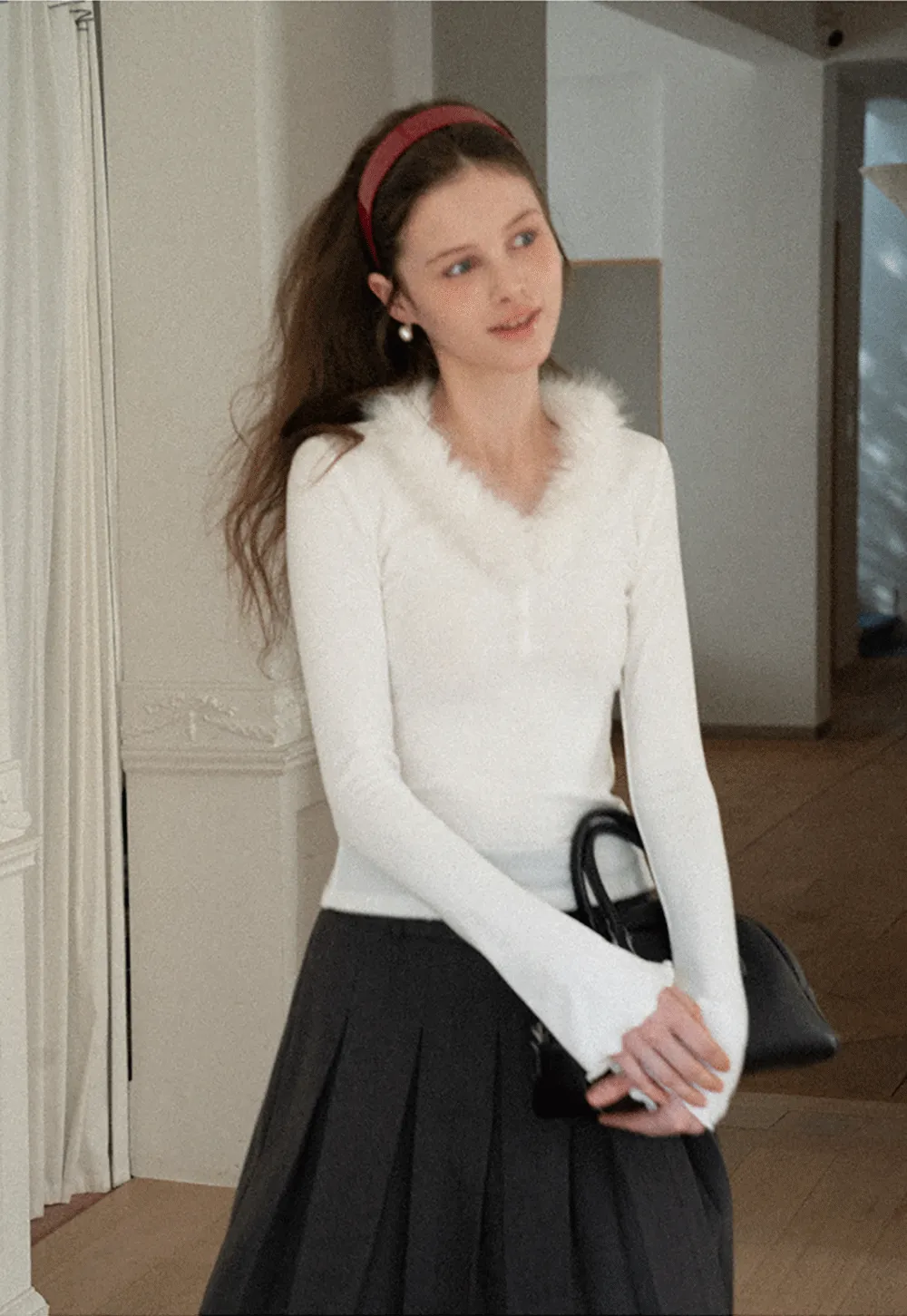 fluffy collar long sleeve top with flared cuffs