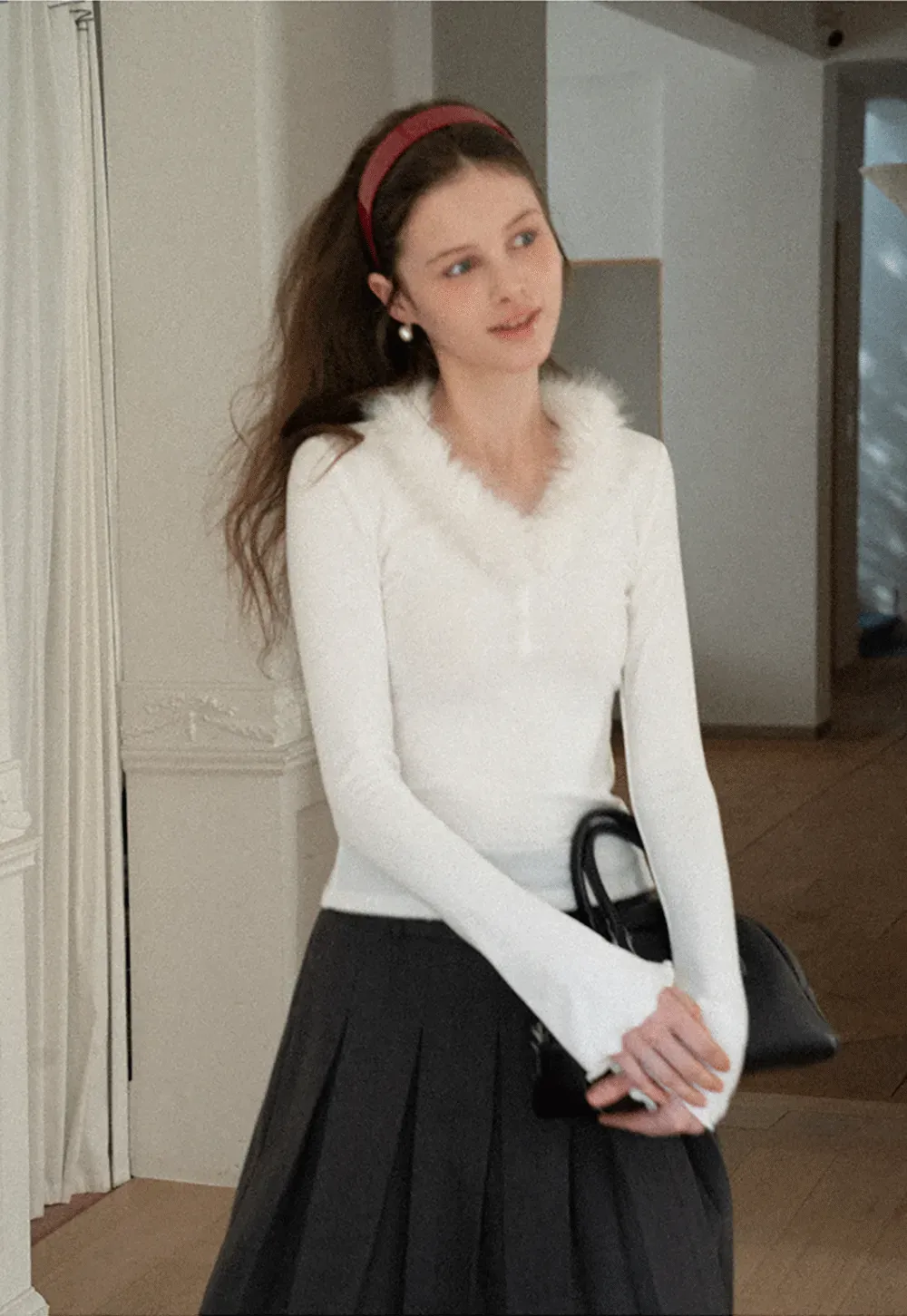 fluffy collar long sleeve top with flared cuffs