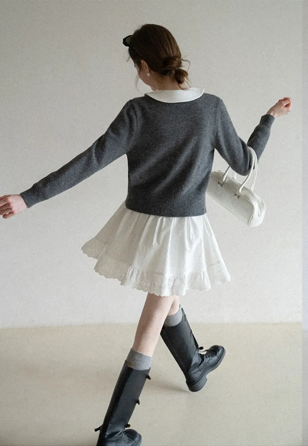 Elegant Long Sleeve Dress with Lace Trim and Flared Skirt