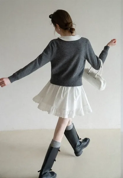 Elegant Long Sleeve Dress with Lace Trim and Flared Skirt