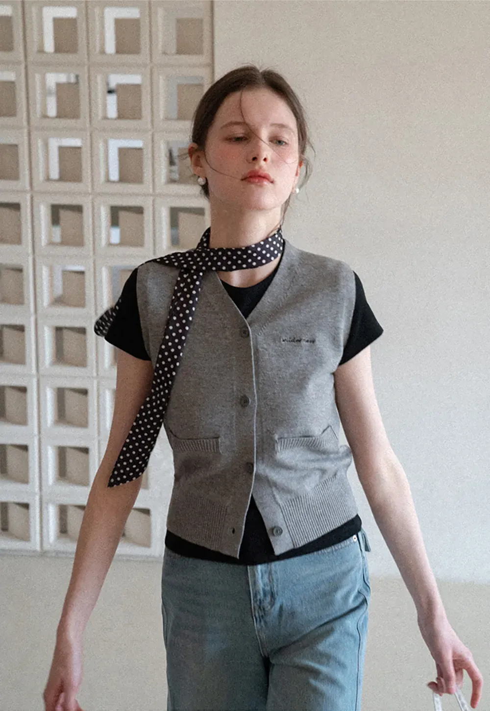 Knitted Vest with Button Closure and Embroidery