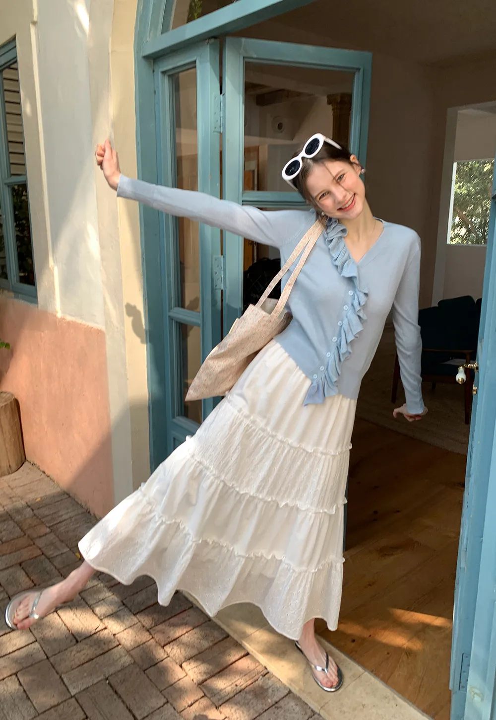 Lightweight Long Sleeve Knit Sweater with Ruffled Trim