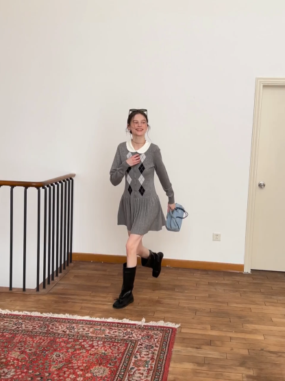 Argyle Knit Dress with Peter Pan Collar