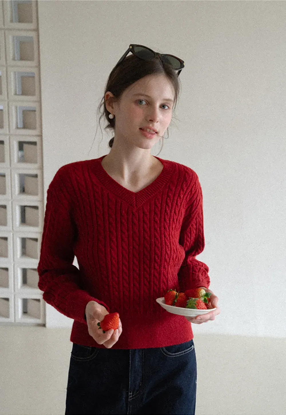 Turtleneck Cable Knit Sweater with Horse Pattern Stripe