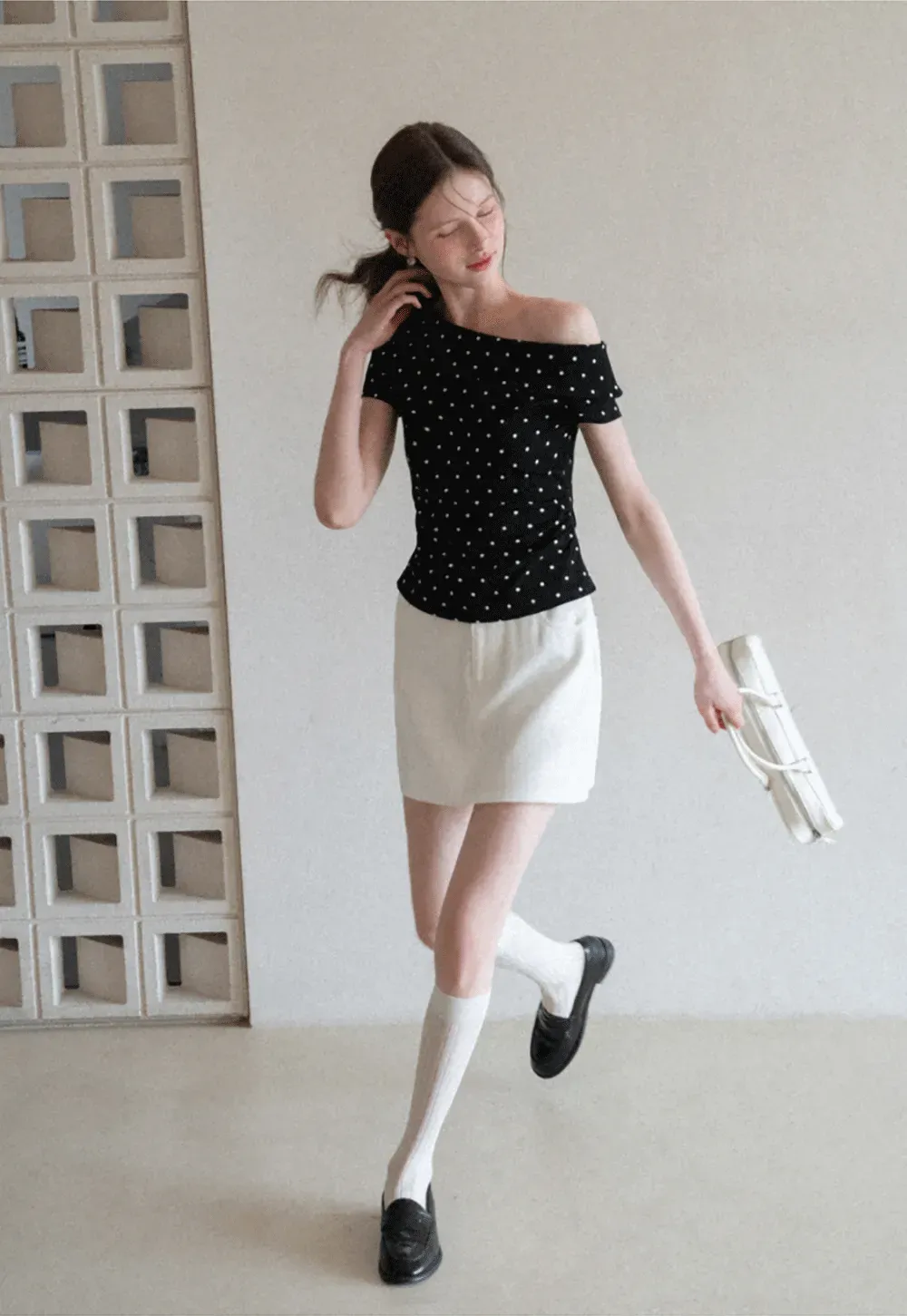 Polka dot off shoulder short sleeve tops