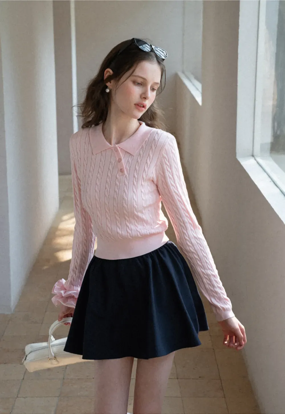 Cable Knit Long Sleeve Polo Neck Cropped Sweater