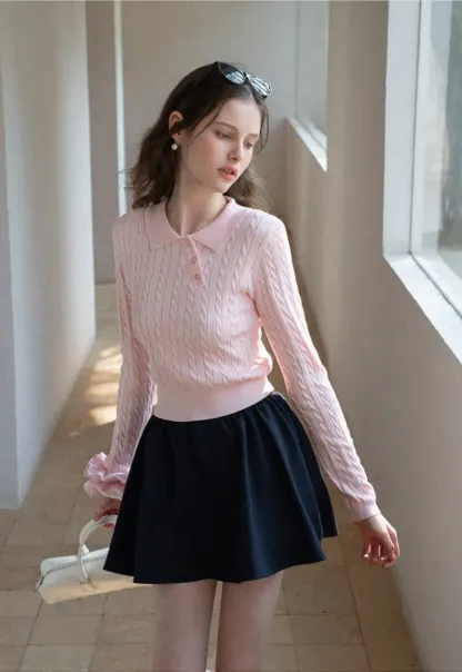 Cable Knit Long Sleeve Polo Neck Cropped Sweater