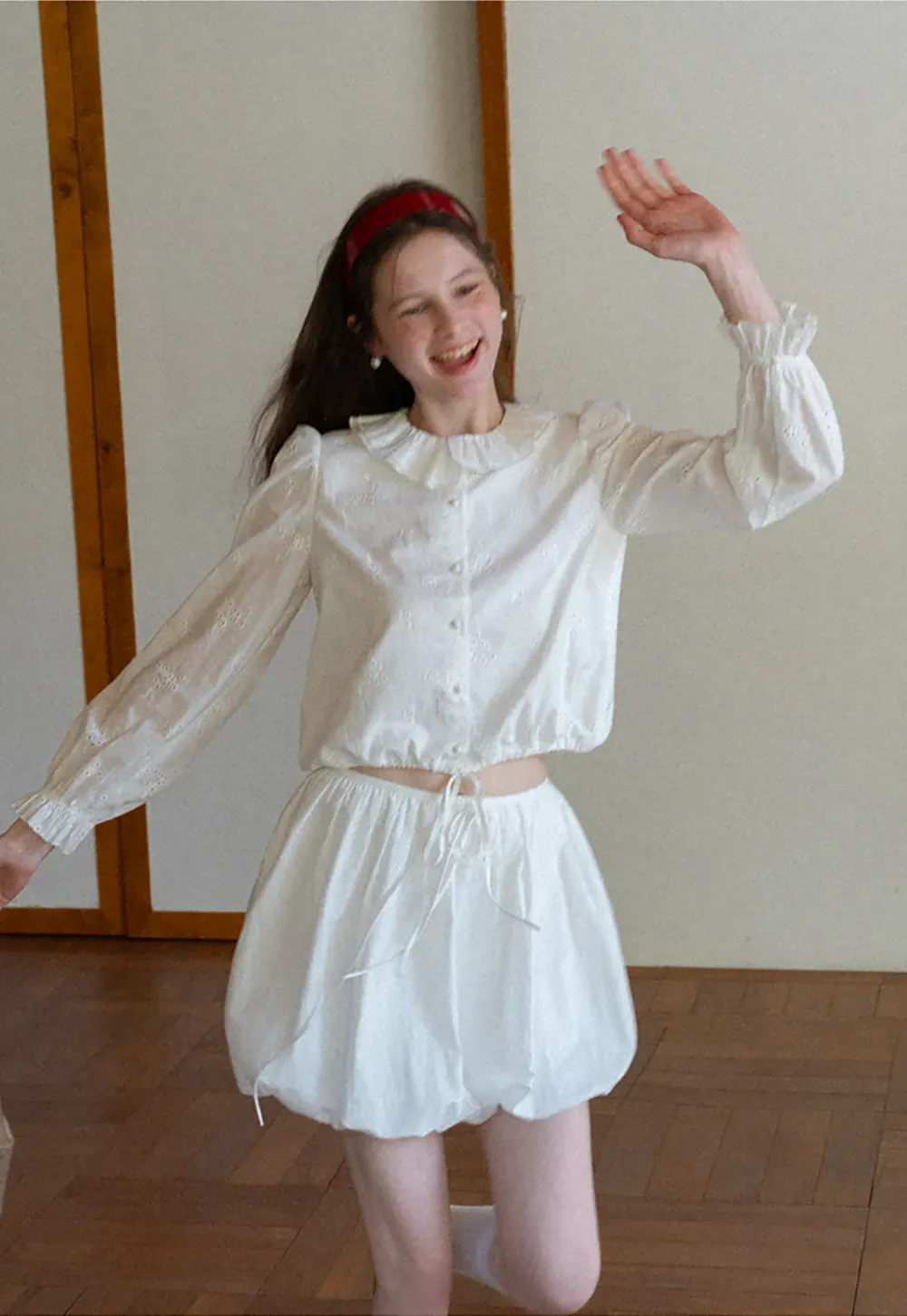 Ruffled Collar Long Sleeve Button Up Shirt