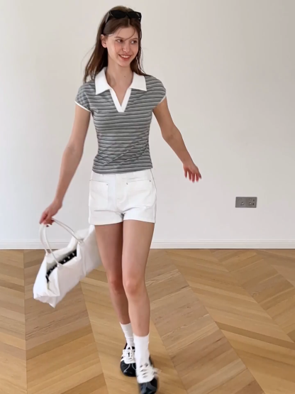 Striped Ribbed Knit Collared Short Sleeve T Shirt