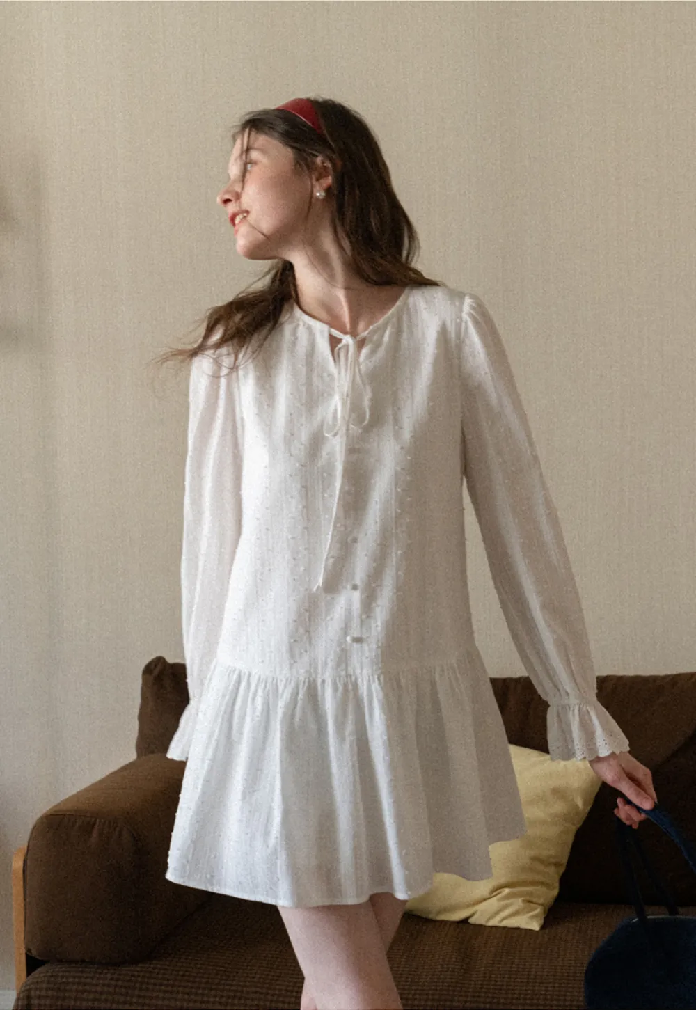 Elegant Long Sleeve Mini Dress with Flared Hem and Neck Tie