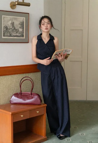 Sleeveless Collared Top with Wrap Detail and Wide Leg Pants