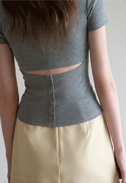 Short Sleeve Crop Top with Back Buttons