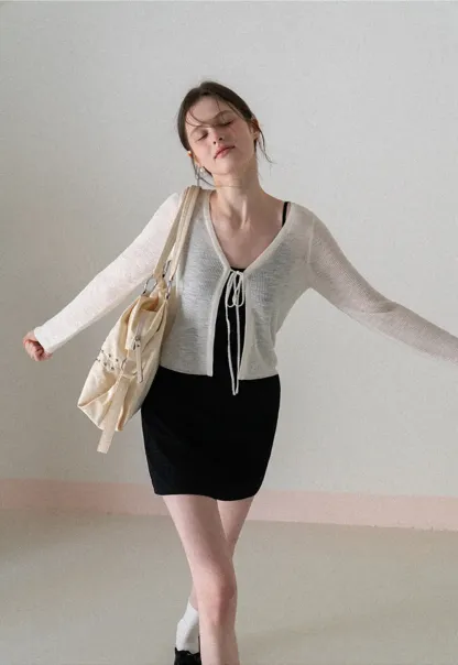 V Neck Long Sleeve Knit Cardigan with Front Tie