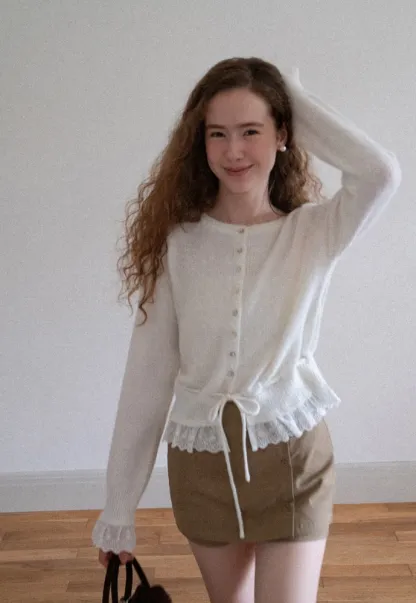 Lace-Trim Cardigan Sweater