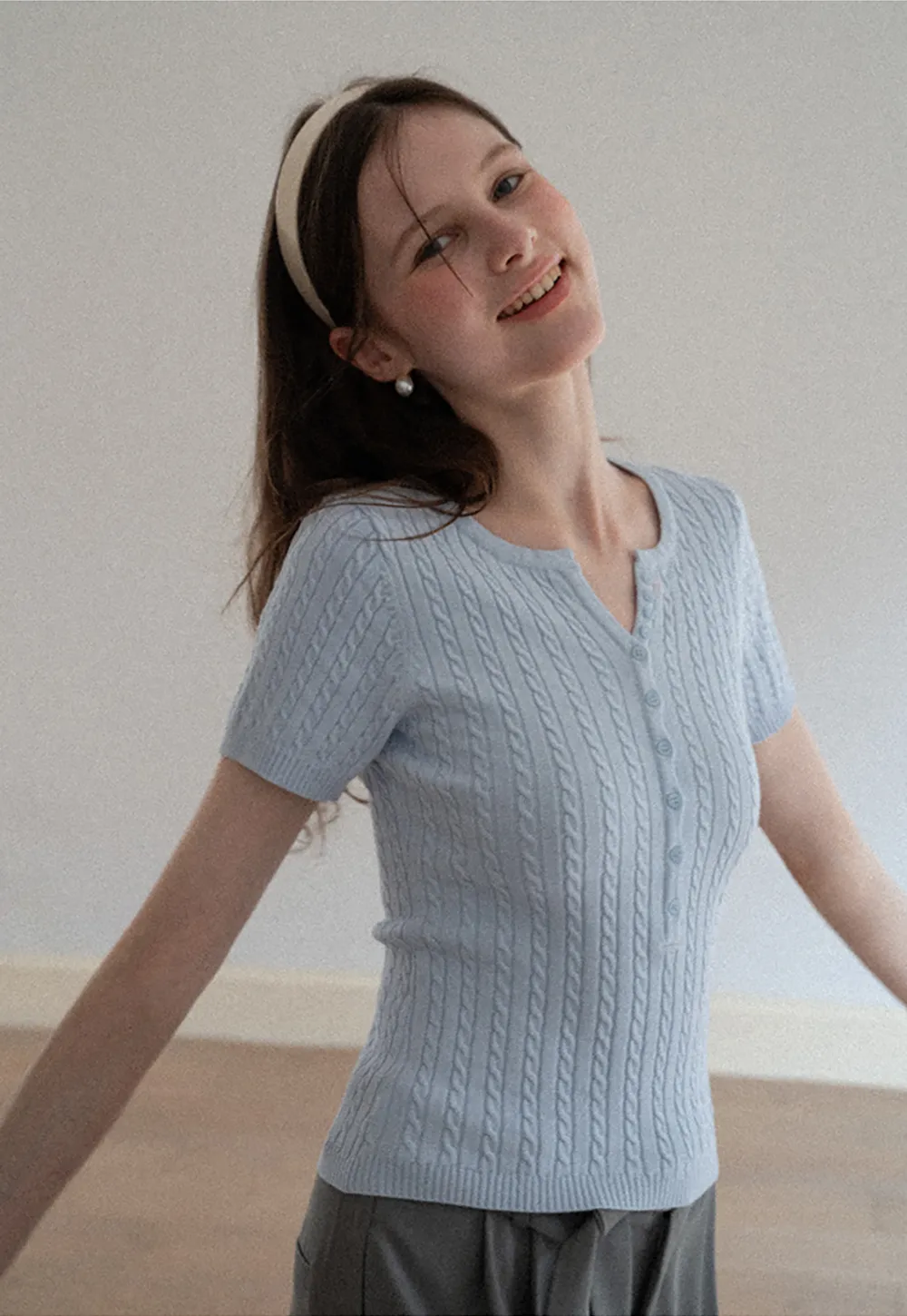 Cable Knit Short Sleeve V Neck Sweater