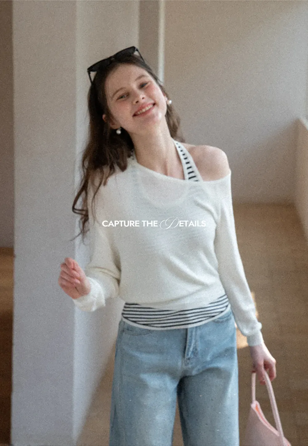 Off Shoulder Long Sleeve Knit Sweater with Striped Trim