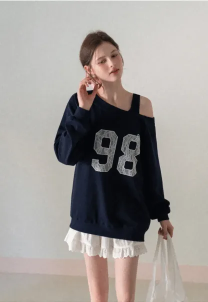 Off Shoulder Sweatshirt with Lace Number Print