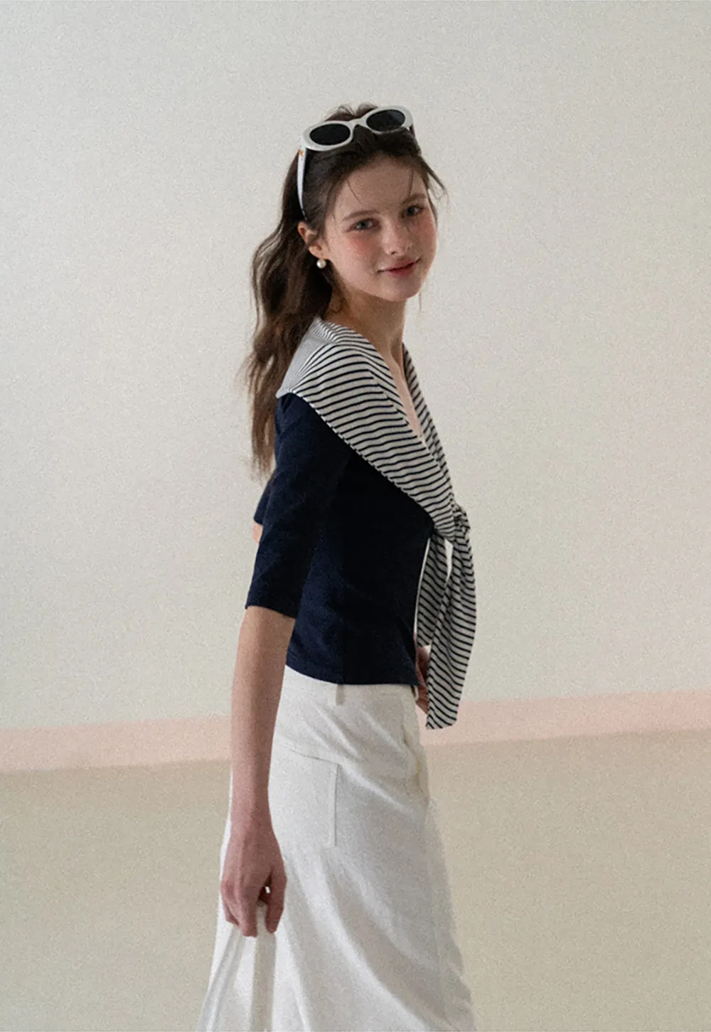 Striped collar tie front short sleeve top