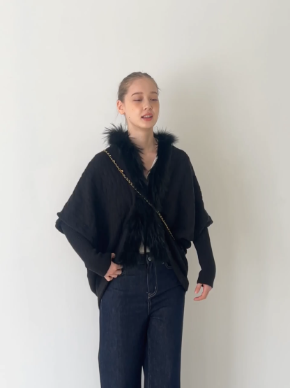 Faux Fur Collar Cable Knit Poncho Sweater for Women