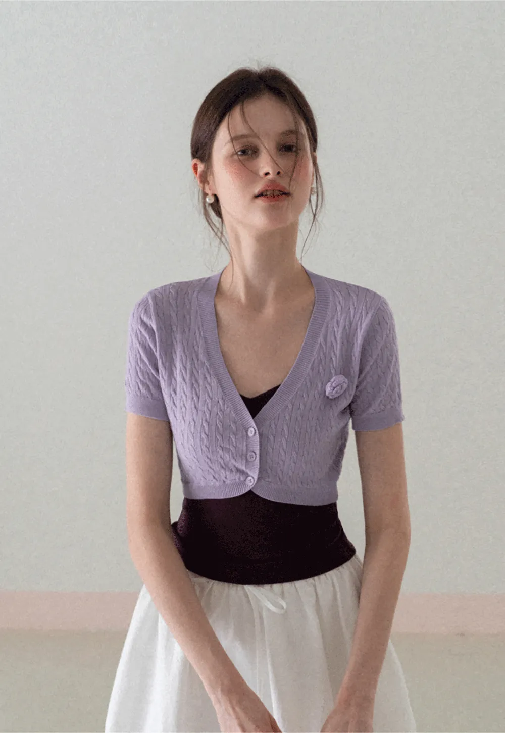 Short Sleeve Cable Knit Cardigan with Button Closure