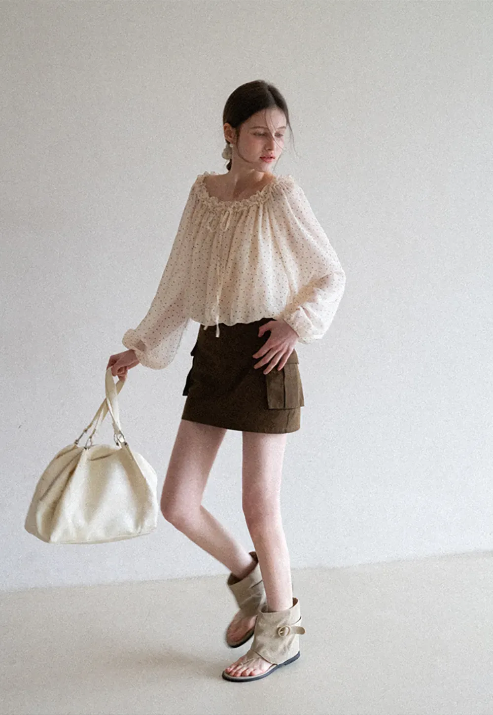 Polka Dot Ruffled Off Shoulder Chiffon Blouse