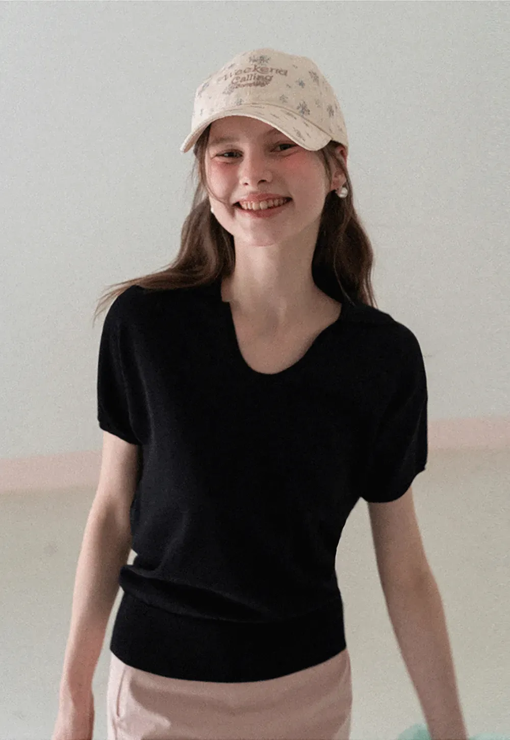 V Neck Short Sleeve Knit Sweater with Collar