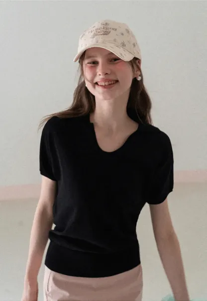 V Neck Short Sleeve Knit Sweater with Collar