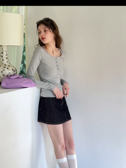 Long sleeve henley top with front buttons