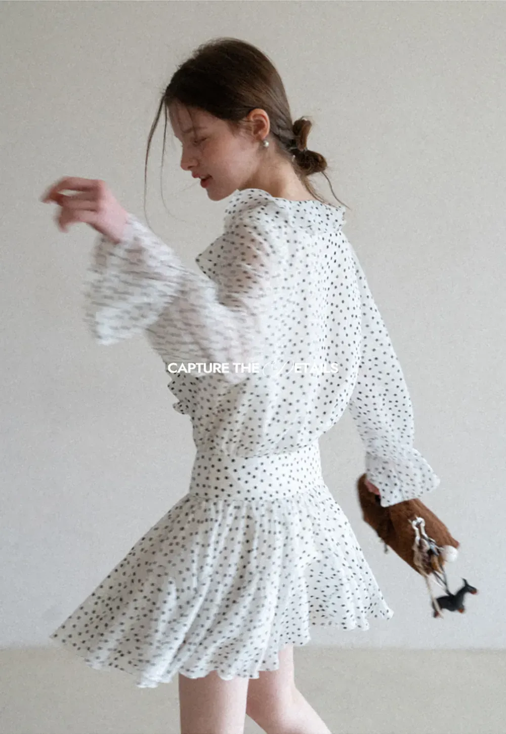 Polka Dot Ruffle Dress with V Neck and Long Sleeves