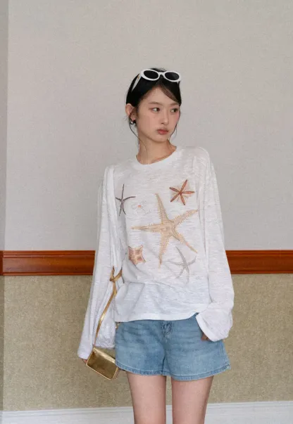Long sleeve T shirt with starfish embroidery