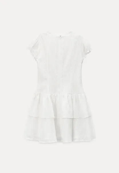 Eyelet Lace Dress with Puffed Sleeves and Tiered Skirt