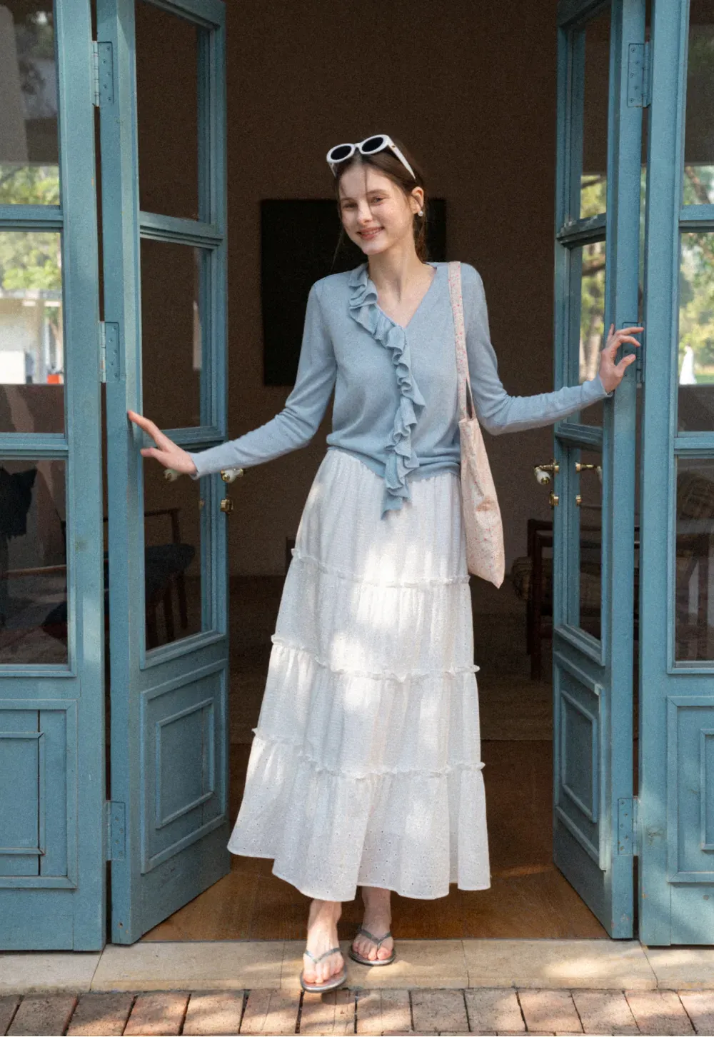 Lightweight Long Sleeve Knit Sweater with Ruffled Trim