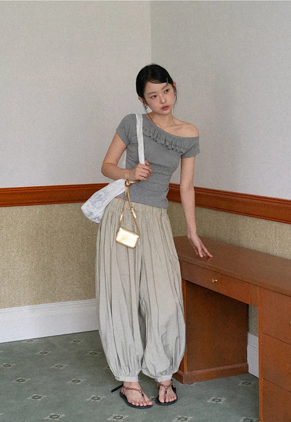 Off shoulder short sleeve top with ruffle detail