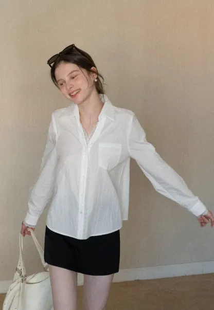 Elegant Lace Trim Button Down Shirt