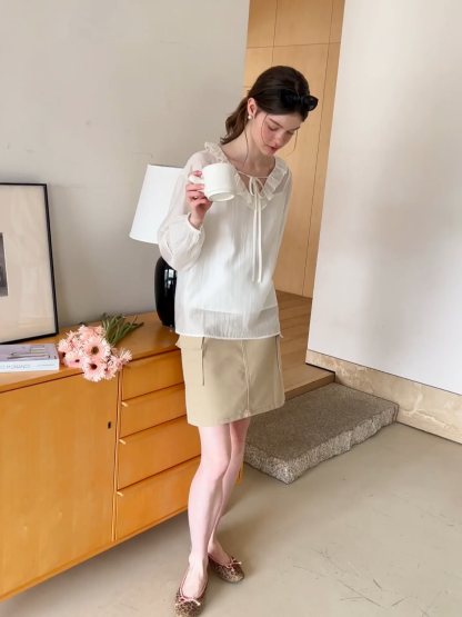 Ruffled Collar Lace Trim Long Sleeve Shirt