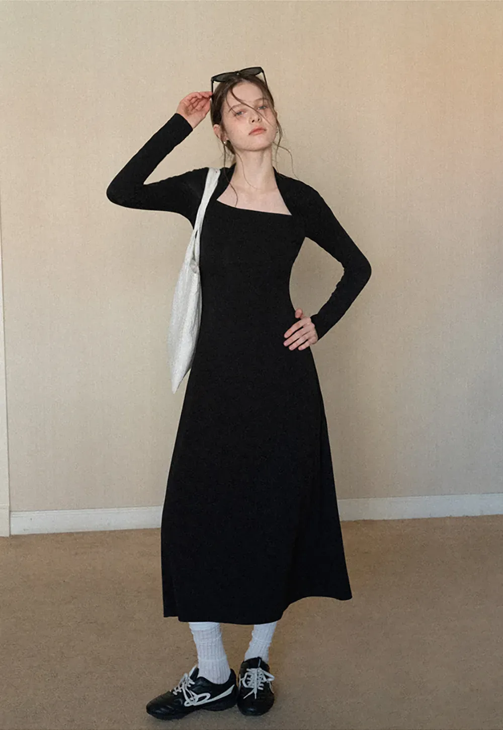 Elegant Square Neck Long Sleeve Dress