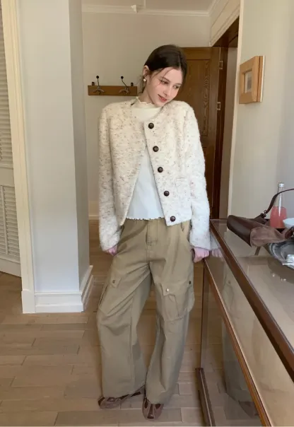 Textured Short Jacket with Long Sleeves and Round Neck