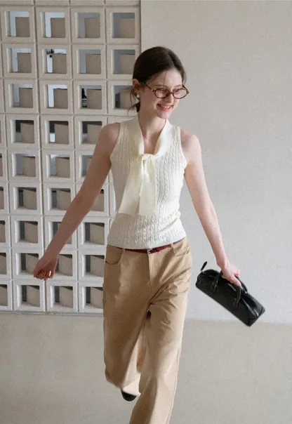Knit Sleeveless Top with Front Bow Detail