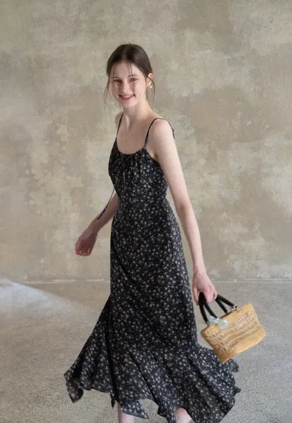 Floral Print Slip Dress with Thin Straps and Asymmetrical Hem