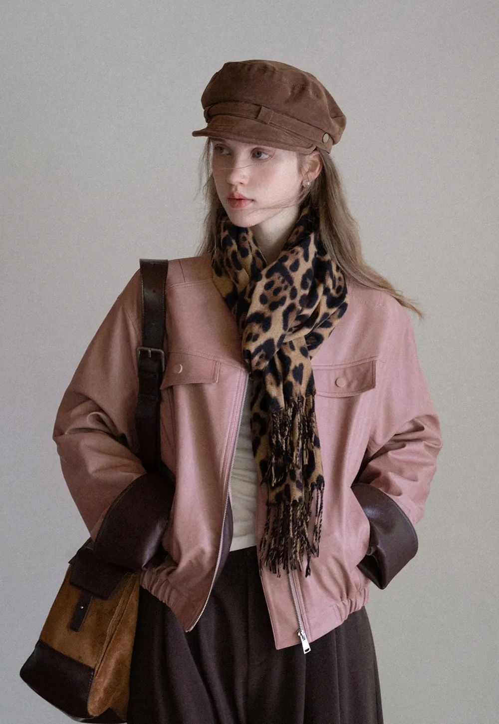 Womens Faux Leather Jacket with Zipper Front and Contrast Cuffs