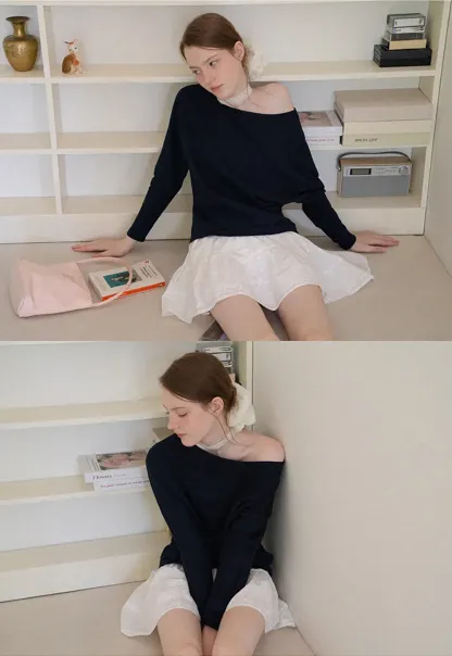 Off Shoulder Asymmetrical Long Sleeve Knit Top
