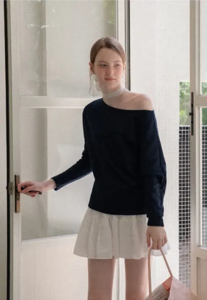 Off Shoulder Asymmetrical Long Sleeve Knit Top