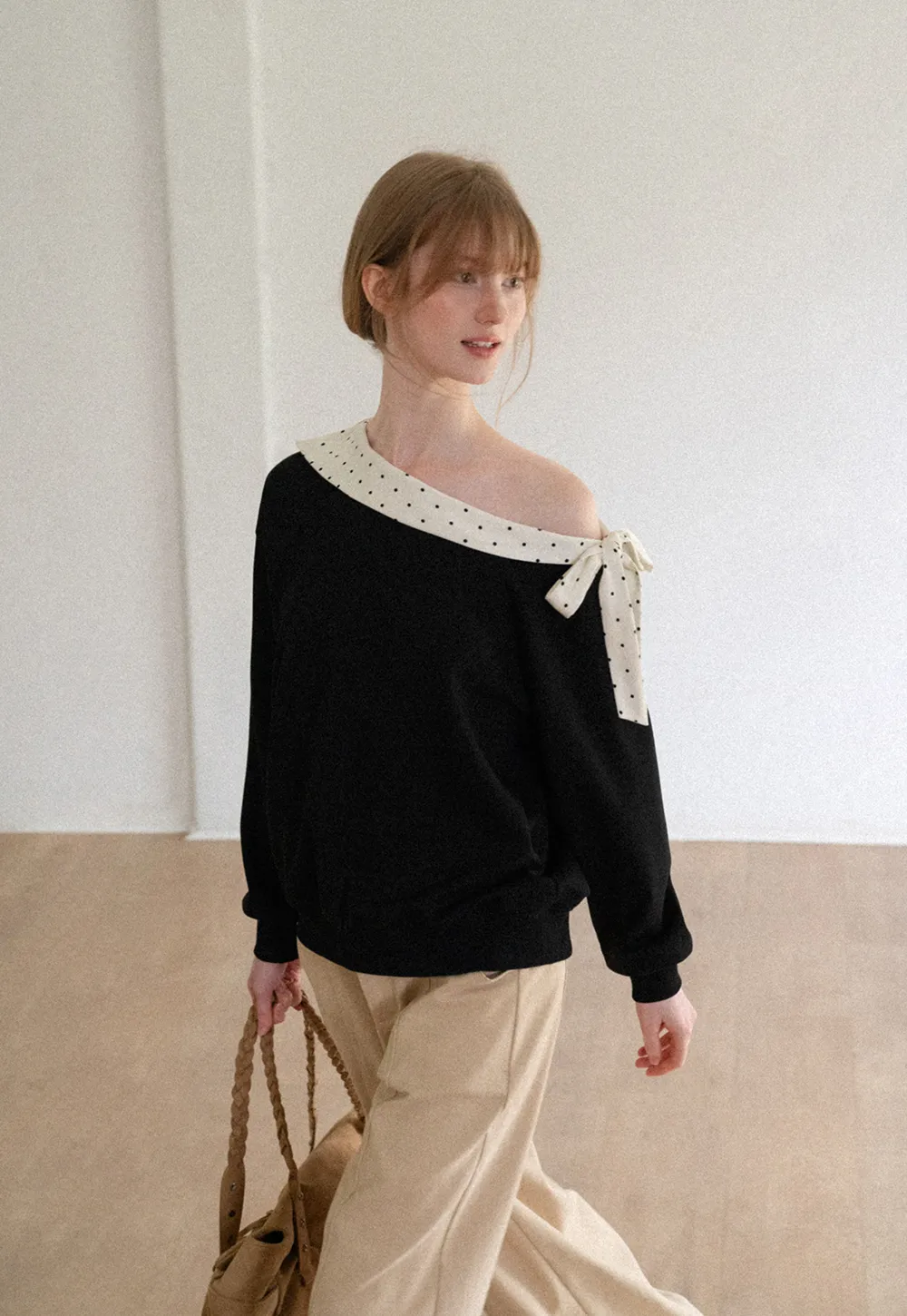Polka Dot Bow Trim Off Shoulder Sweatshirt