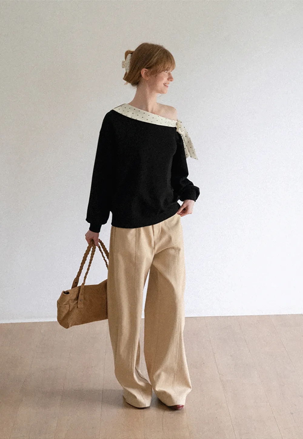 Polka Dot Bow Trim Off Shoulder Sweatshirt