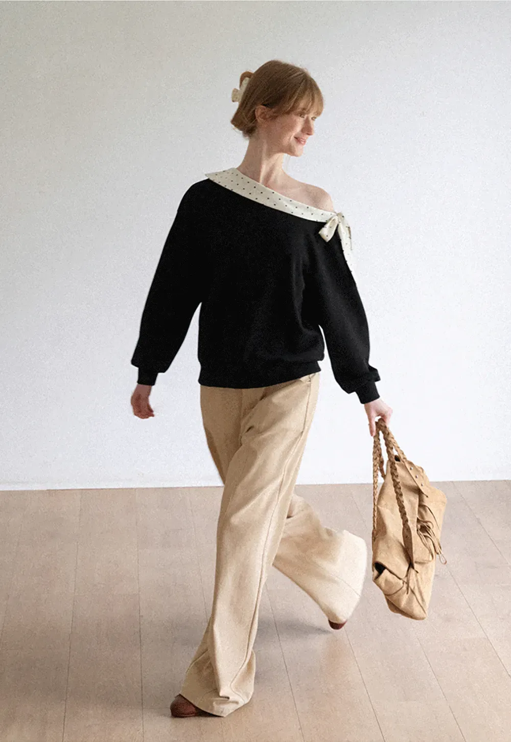 Polka Dot Bow Trim Off Shoulder Sweatshirt