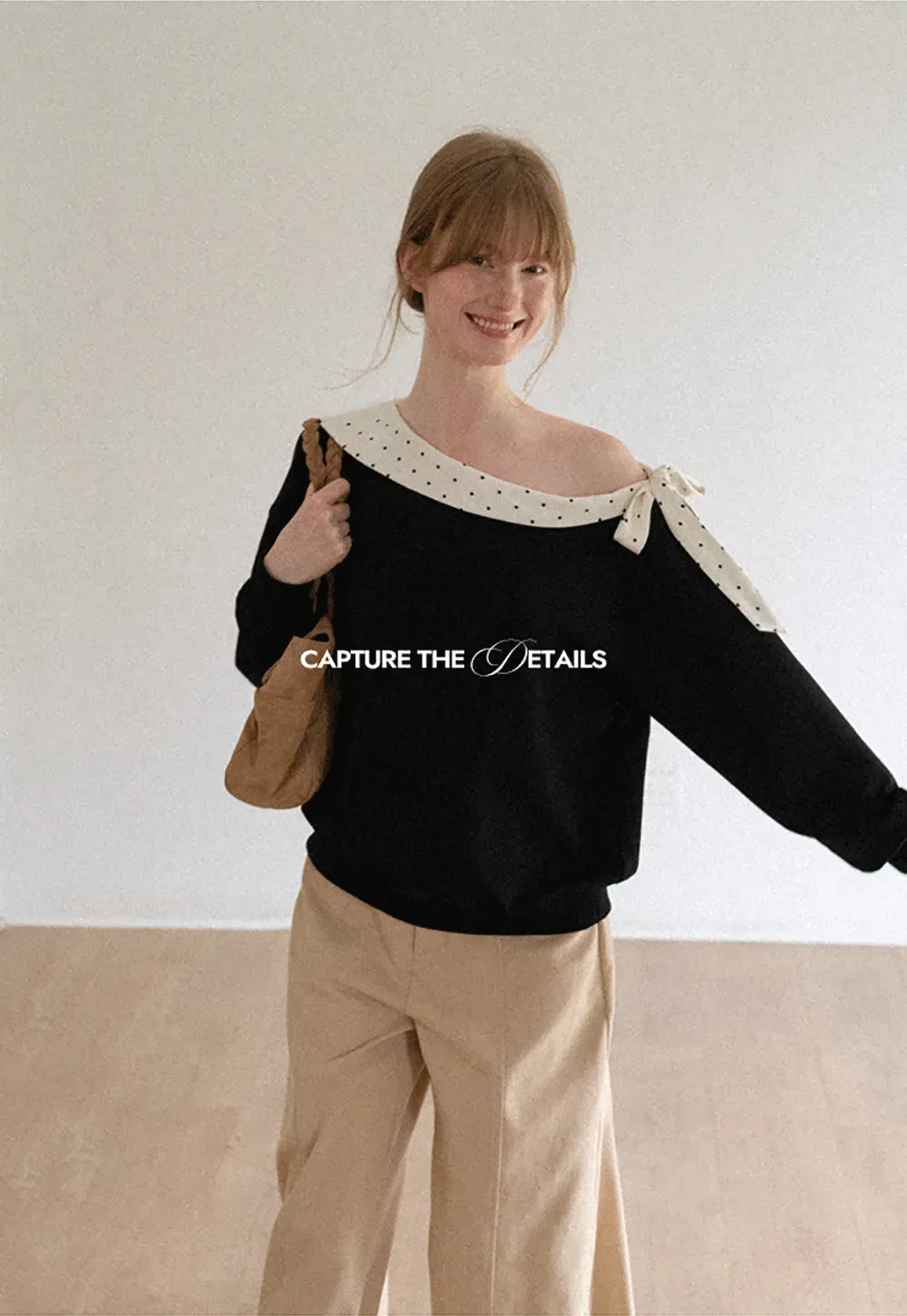 Polka Dot Bow Trim Off Shoulder Sweatshirt